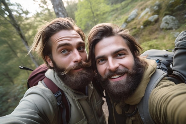 Fotografia de dois amigos tirando uma selfie enquanto estavam em uma aventura