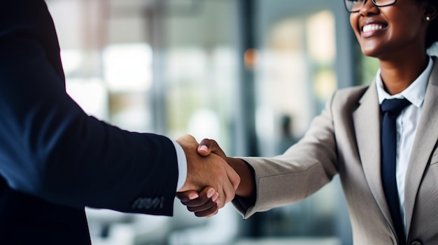 Fotografia de dois empresários a apertar as mãos num escritório. Pessoas de negócios a apertarem as mãos geradas pela IA.
