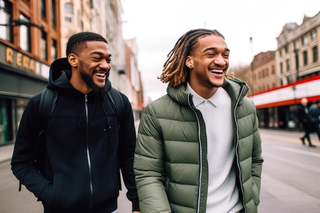 Fotografia de dois jovens elegantes compartilhando uma risada enquanto viajam na cidade criada com IA generativa