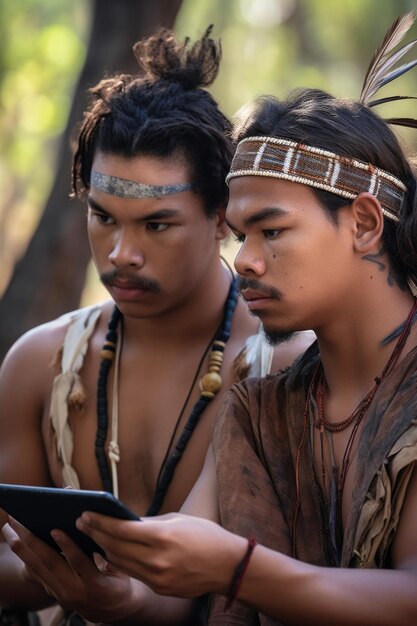 Foto fotografia de dois jovens indígenas olhando para algo em um tablet