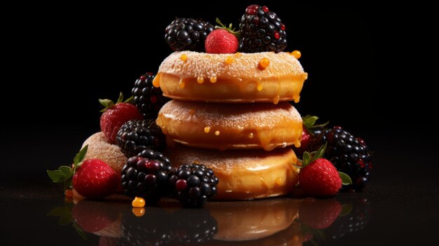 Fotografia de Donuts deliciosos com crosta dourada e bagas frescas