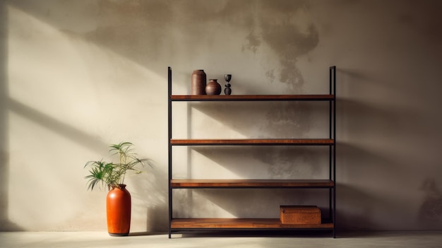 Fotografia de estilo editorial de Etagere em um ambiente brutalista simples