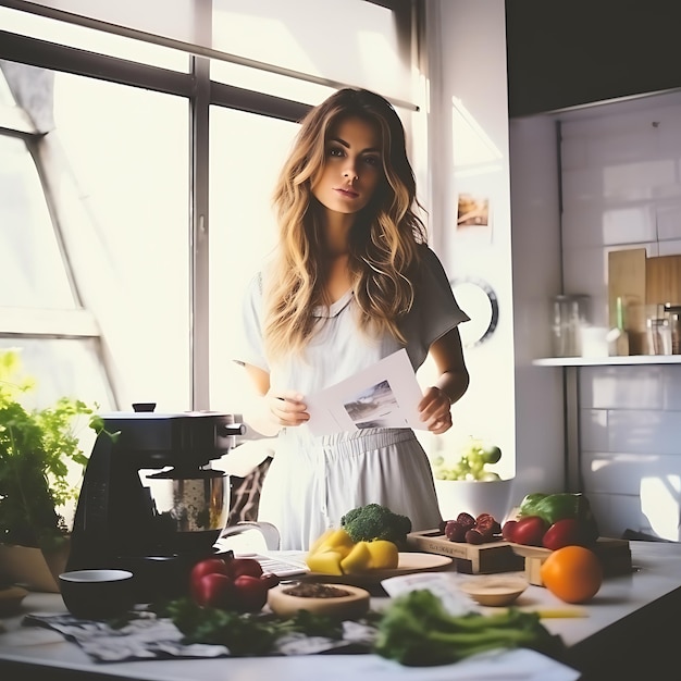 fotografia de estilo polaroid de mulher linda com corpo atraente na cozinha