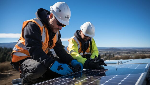 Fotografia de estoque de alta qualidade Dois engenheiros instalando painéis solares em roofblue