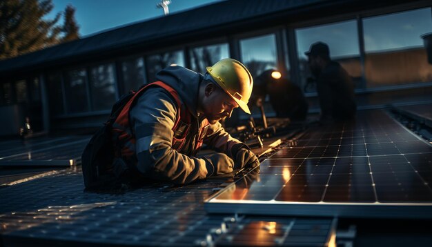 Fotografia de estoque de alta qualidade Dois engenheiros instalando painéis solares no telhado