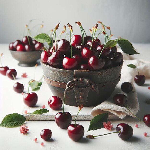 Fotografia de estúdio de cerejas em fundo branco