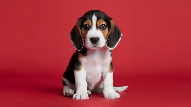 Foto fotografia de estúdio de um cachorrinho de beagle em fundo vermelho