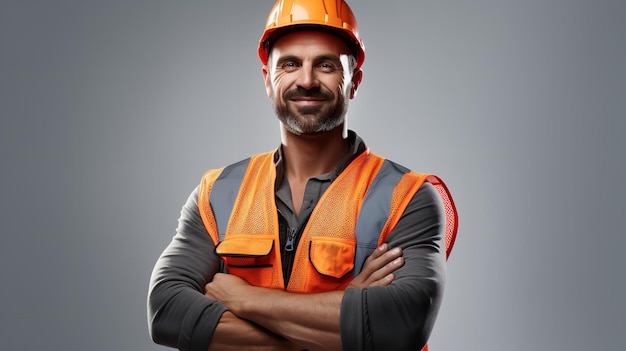 Fotografia de estúdio de um engenheiro industrial feliz vestindo um capacete e equipamento de segurança AI gerativa