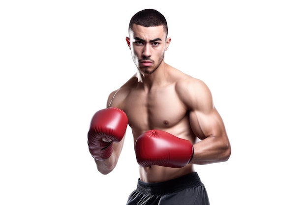 Fotografia de estúdio de um jovem esportivo em postura de boxe isolado em branco criado com IA generativa