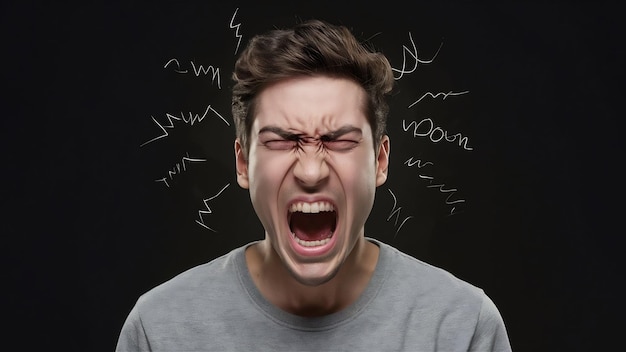Fotografia de estúdio de um jovem experimentando angústia mental e gritando contra um fundo preto