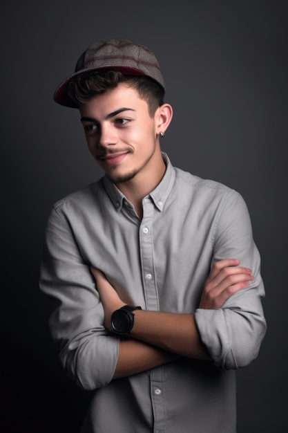 Fotografia de estúdio de uma jovem à moda posando contra um fundo cinzento