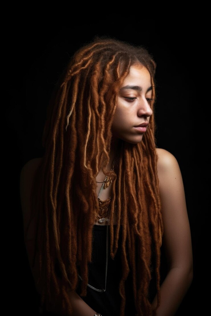Foto fotografia de estúdio de uma jovem com dreadlocks posando contra um fundo preto