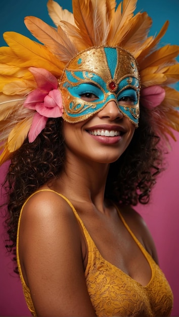 Fotografia de estúdio de uma mulher usando uma máscara de carnaval colorida e elaborada com penas coloridas