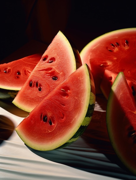 fotografia de fatias de melancia mostradas em uma tabela gerada por ai