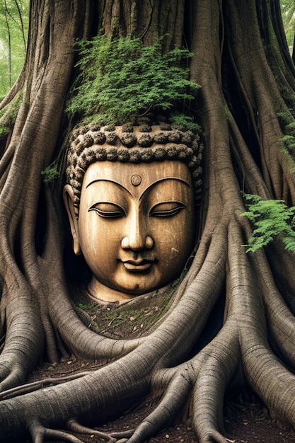 Fotografia de foco seletivo de Buda nas raízes das árvores durante o dia