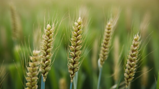 Fotografia de foco seletivo de colheitas de trigo no campo com um fundo desfocado