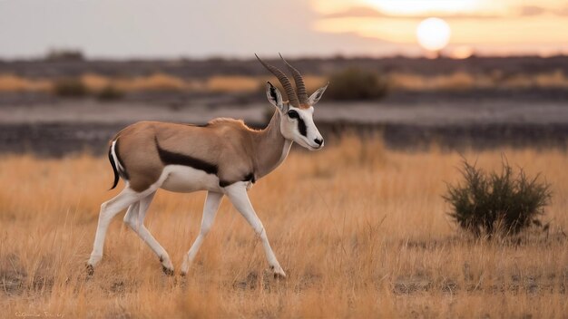 Foto fotografia de foco seletivo de um gemsbok caminhando em um campo de grama seca enquanto olha para