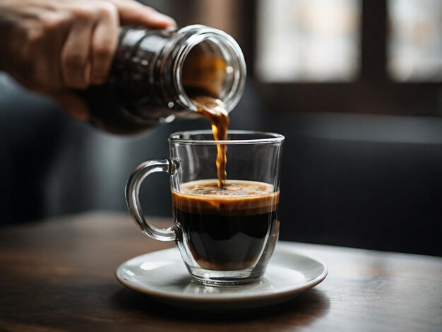 Foto fotografia de foco superficial de pessoa derramando café em xícara de vidro transparente