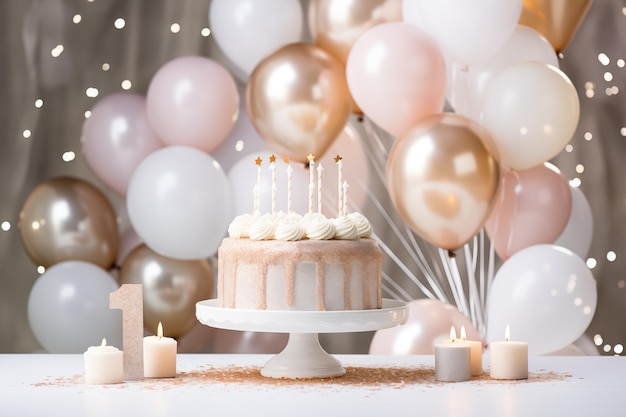 Fotografia de fundo da zona de aniversário Balões e bolo