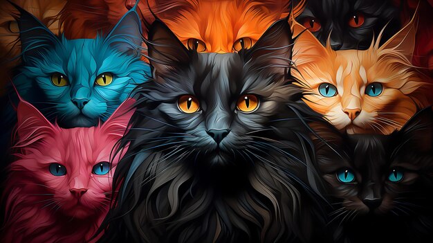 Fotografia de gatos hiper-realistas Ilusão hipnótica abstrata de gatos multicoloridos