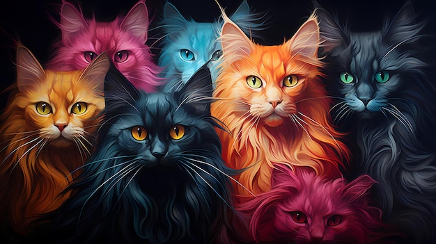 Fotografia de gatos hiper-realistas Ilusão hipnótica abstrata de gatos multicoloridos