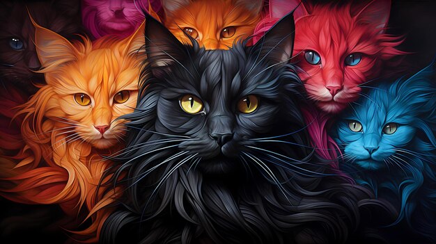 Fotografia de gatos hiper-realistas Ilusão hipnótica abstrata de gatos multicoloridos