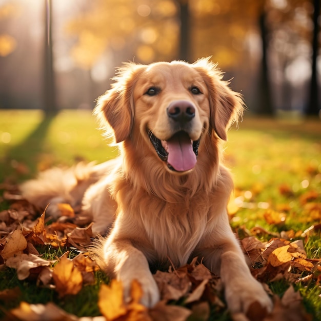 Fotografia de golden retriever peludo dourado brincalhão num parque com folhas de outono alegres