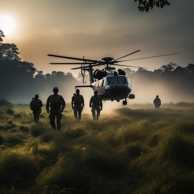 Fotografia de grupo de soldados fardados com armas andando perto de helicóptero