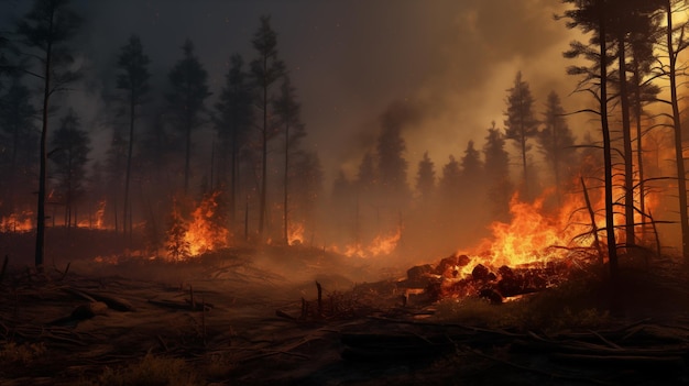 Fotografia de incêndio florestal árvores queimadas chamas e fumaça