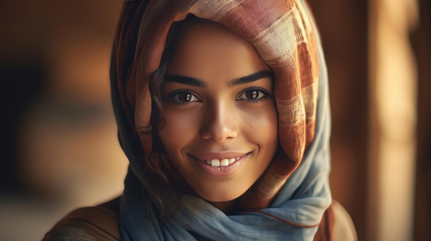 fotografia de jovem étnica sorridente em hijab lente telefoto iluminação natural realista