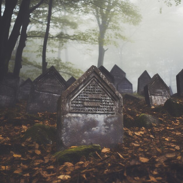 Fotografia de lápides cinzentas e castanhas em um antigo cemitério judeu nas montanhas dos Cárpatos hebraico