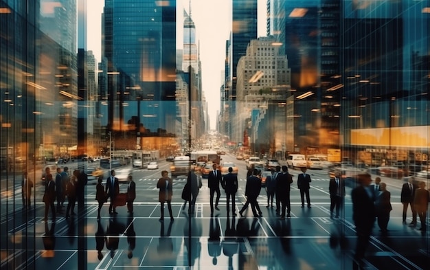 Fotografia de lapso de tempo de empresários ocupados em movimento rápido refletindo no vidro do prédio