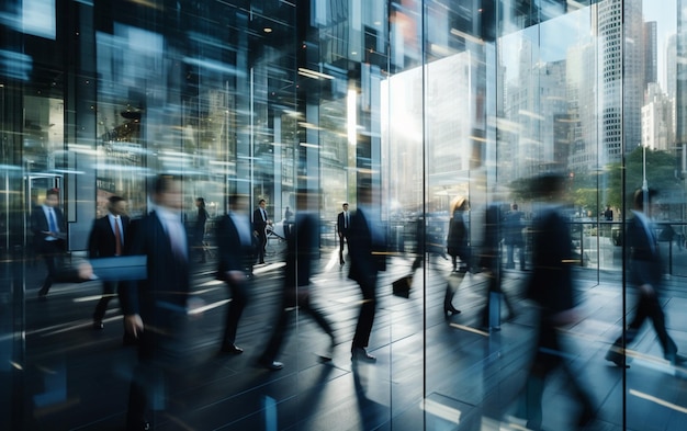 Fotografia de lapso de tempo de empresários ocupados em movimento rápido refletindo no vidro do prédio