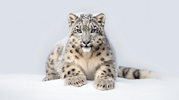 Fotografia de leopardo da neve sentado com fundo branco de neve