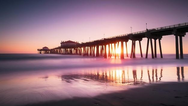 Fotografia de longa exposição de um cais na praia da Califórnia