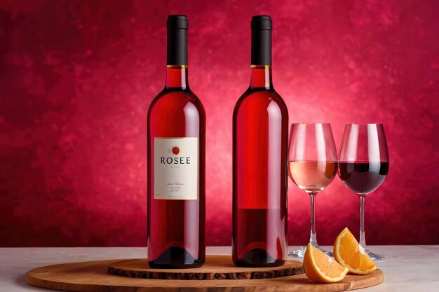 Fotografia de maquete de embalagem de produto de fotografia publicitária de estúdio de garrafa de vinho rosado