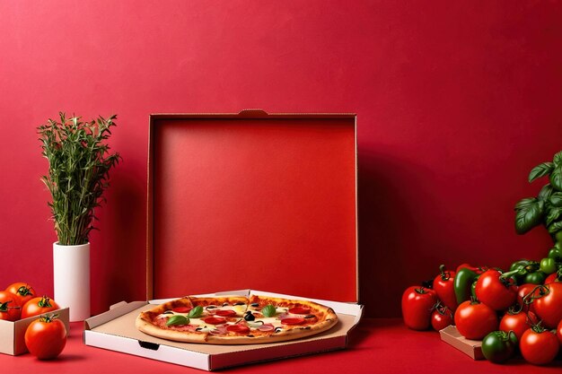 Fotografia de maquete de embalagem de produto de uma sessão de fotos publicitárias do estúdio de caixas de pizza