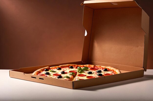 Fotografia de maquete de embalagem de produto de uma sessão de fotos publicitárias do estúdio de caixas de pizza
