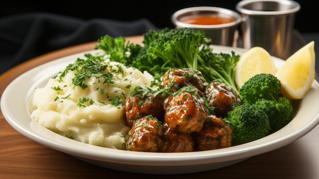 Fotografia de meatball Ikea em um prato de puré de batatas