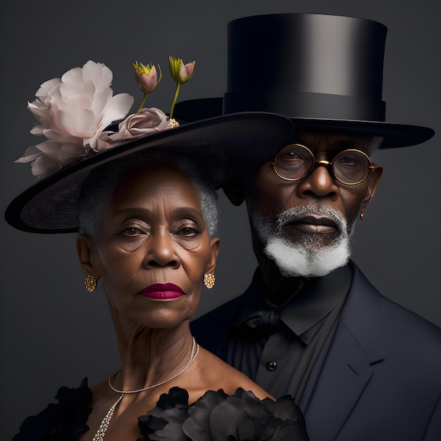 Fotografia de moda de casal de velhos negros para a história do mês negro, dia dos namorados, capa de revista
