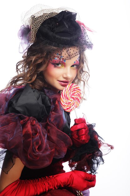Foto fotografia de moda de mulher em estilo de boneca maquiagem criativa vestuário de fantasia