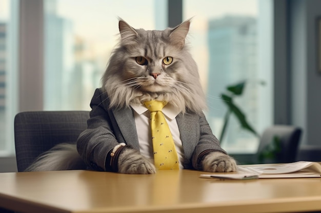 Fotografia de moda de um gato antropomórfico vestido como roupas de empresário