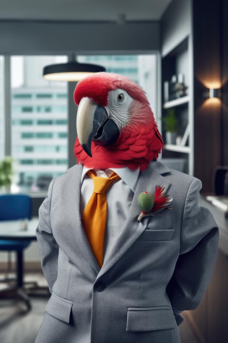 Foto fotografia de moda de um papagaio antropomórfico vestido como roupa de empresária no escritório