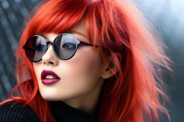 Fotografia de moda de uma bela mulher com cabelo vermelho e óculos de sol