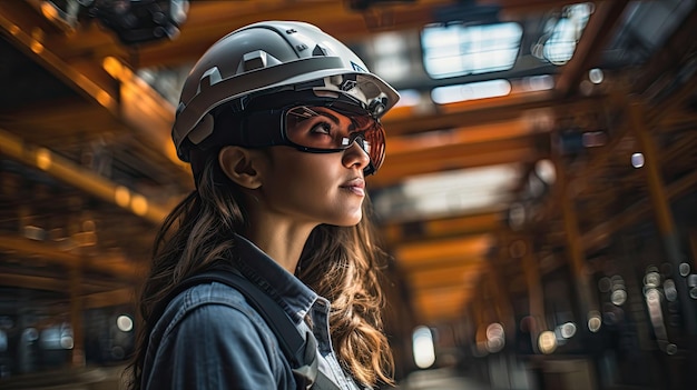 fotografia de mulher engenheira com capacete lente grande angular luz do dia branca