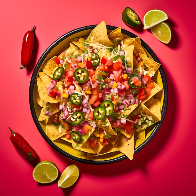 Fotografia de nachos mexicanos com fundo colorido