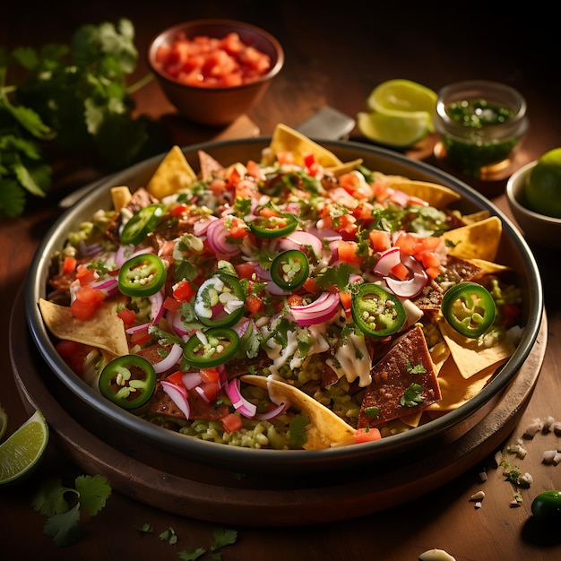 Fotografia de nachos mexicanos com fundo colorido