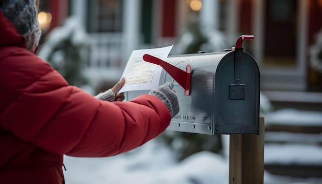 Foto fotografia de natal feliz e ano novo caixa de correio vermelha recebendo e enviando mensagens de presentes de ano novo