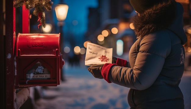 Foto fotografia de natal feliz e ano novo caixa de correio vermelha recebendo e enviando mensagens de presentes de ano novo