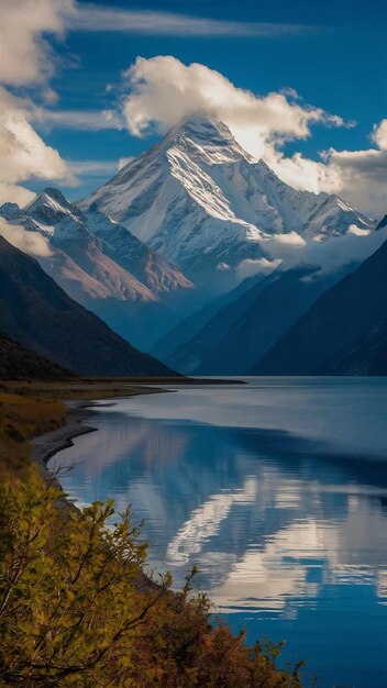 Fotografia de paisagem de belas montanhas cholatse ao lado de um corpo de água em khumbu, Nepal